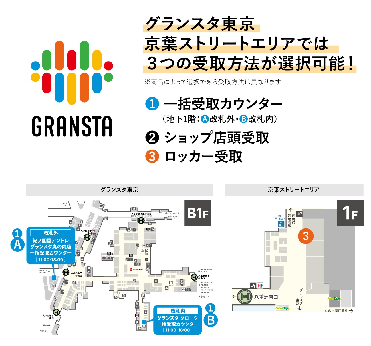 グランスタ東京 京葉ストリートエリアは3つの受取方法が選択可能！ 1.一括受取カウンター（地下1階：改札外・改札内） 2.ショップ店頭受取 3.ロッカー受取